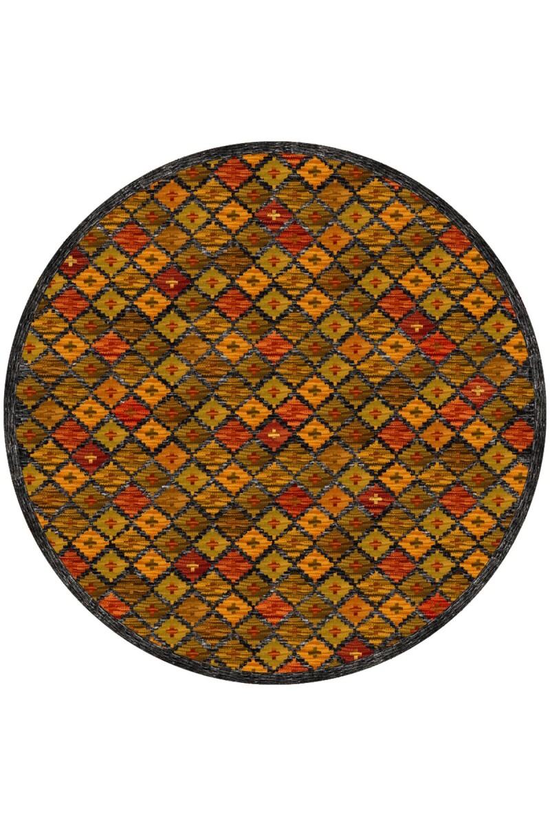 Frenda Home Kilim Desen Pamuk Taban Baskılı Yuvarlak Halı - 3