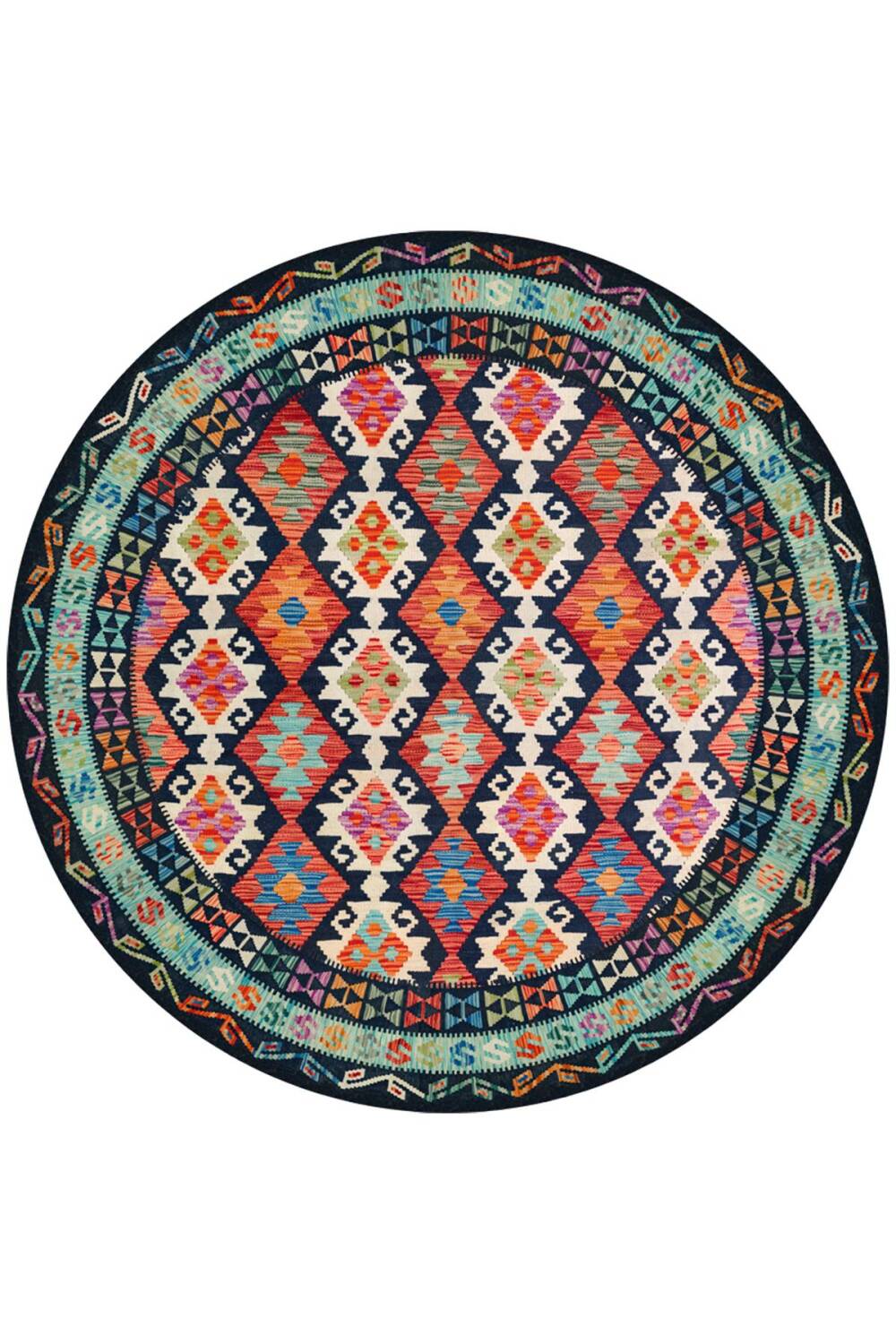 Frenda Home Renkli Kilim Desen Pamuk Taban Yuvarlak Halı - 1