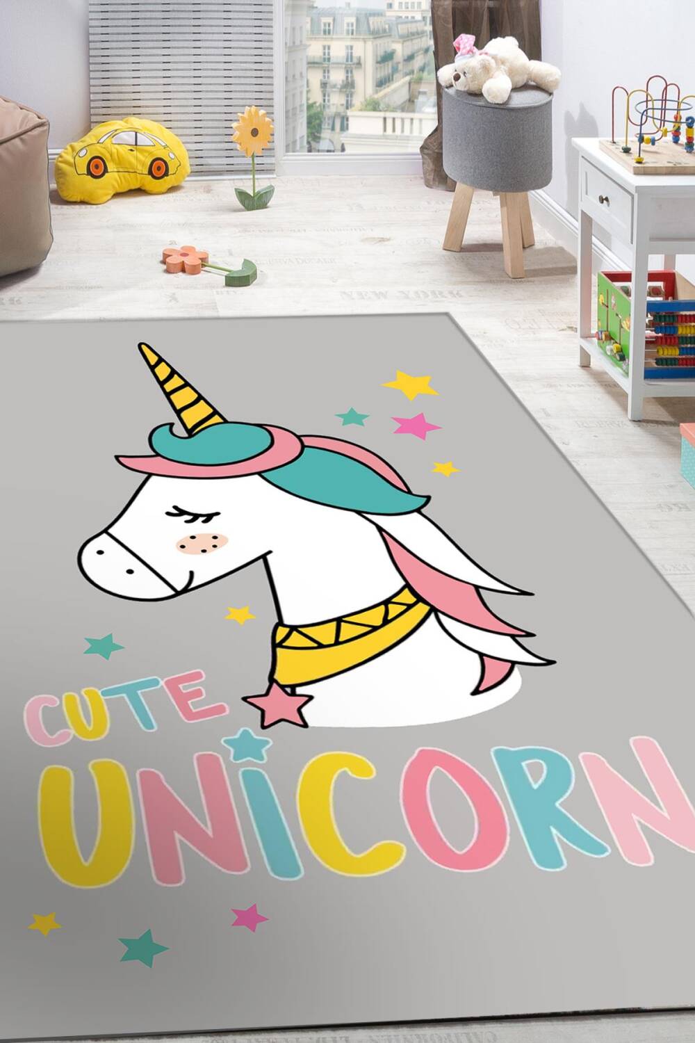 Frenda Home Unicorn Desenli Kaymaz Deri Taban Kız Çocuk Halısı - 1