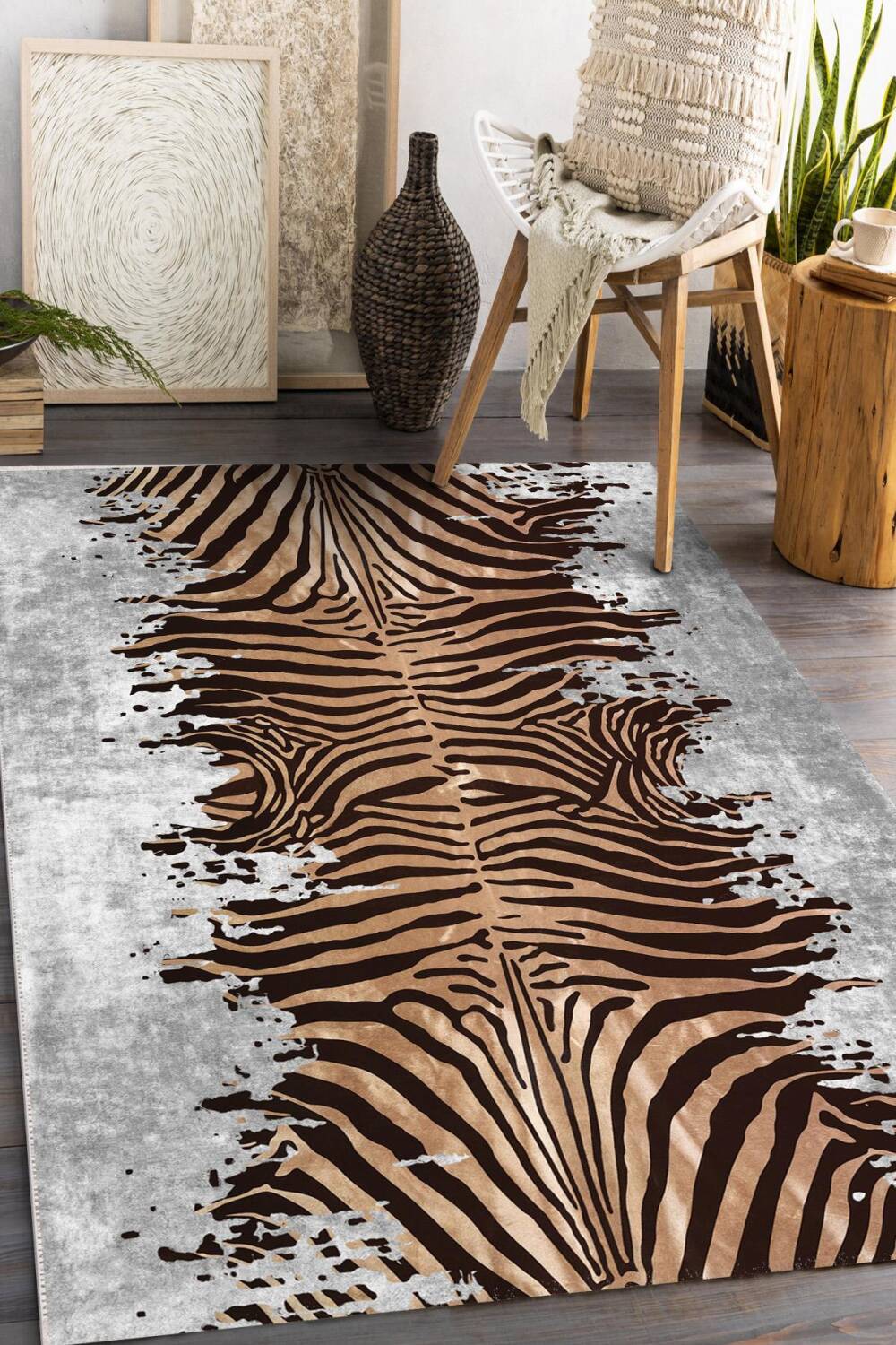 Frenda Home Zebra Desen Kaymaz Deri Taban Halı - 10