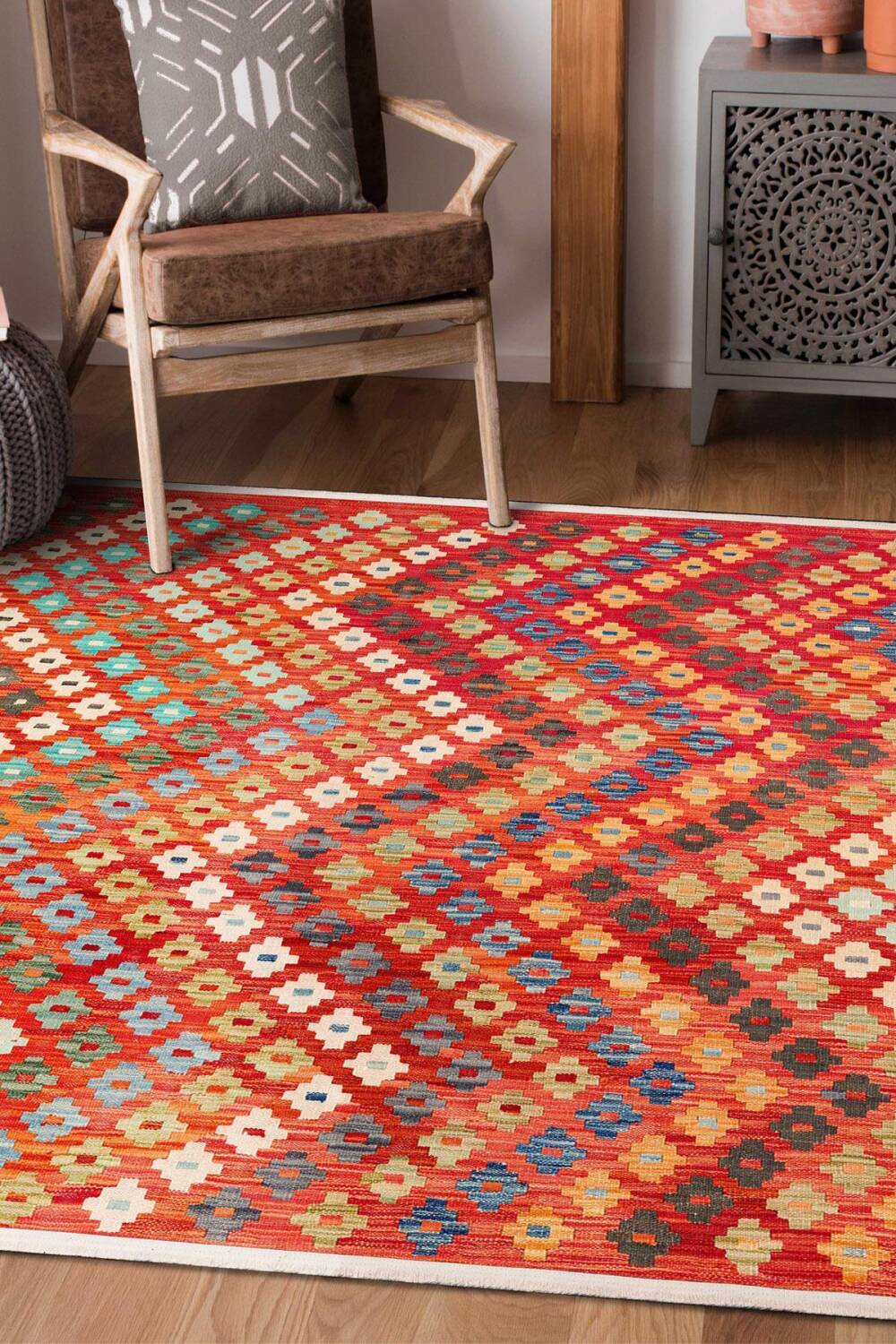 Kilim Desenli Pamuk Taban Dijital Baskılı Yıkanabilir Halı - 5