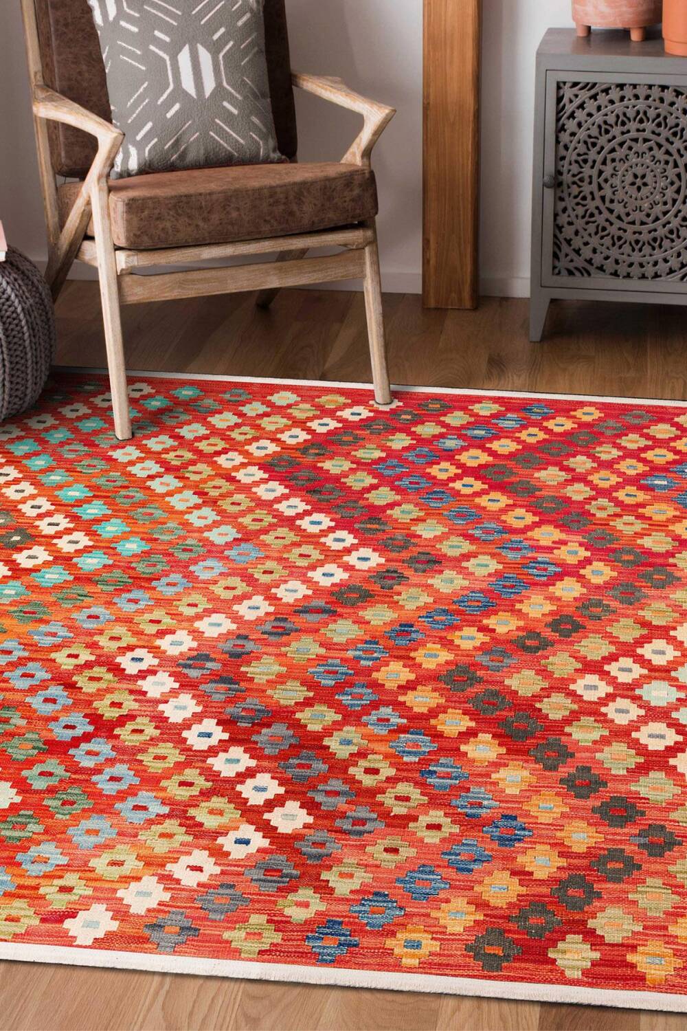 Kilim Desenli Pamuk Taban Dijital Baskılı Yıkanabilir Halı - 1